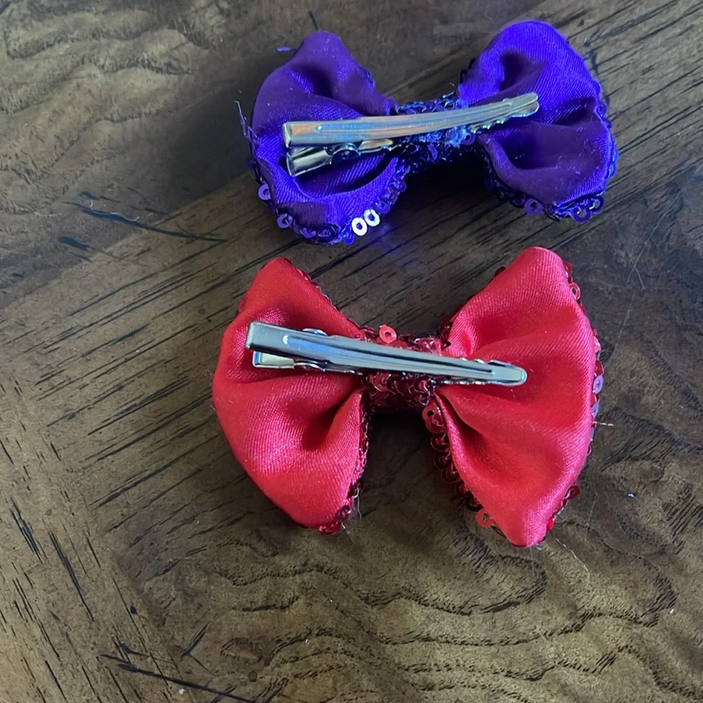 Sequin hair bows with clip in red and purple set of two NEW